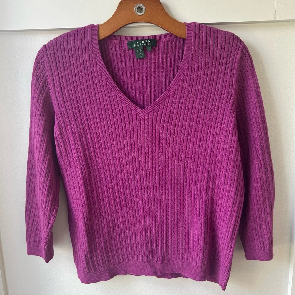 Lauren Ralph Lauren Women's Sweater 100%‎ Cotton Purple Cable Knit V-Neck Large